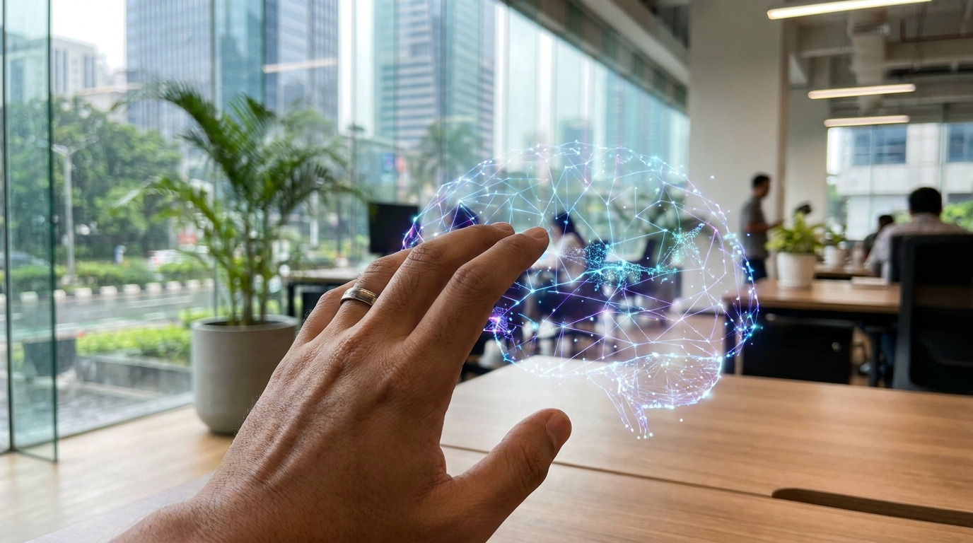 artificial intelligence - Ilustrasi tangan manusia berinteraksi dengan elemen digital futuristik di latar belakang kota modern