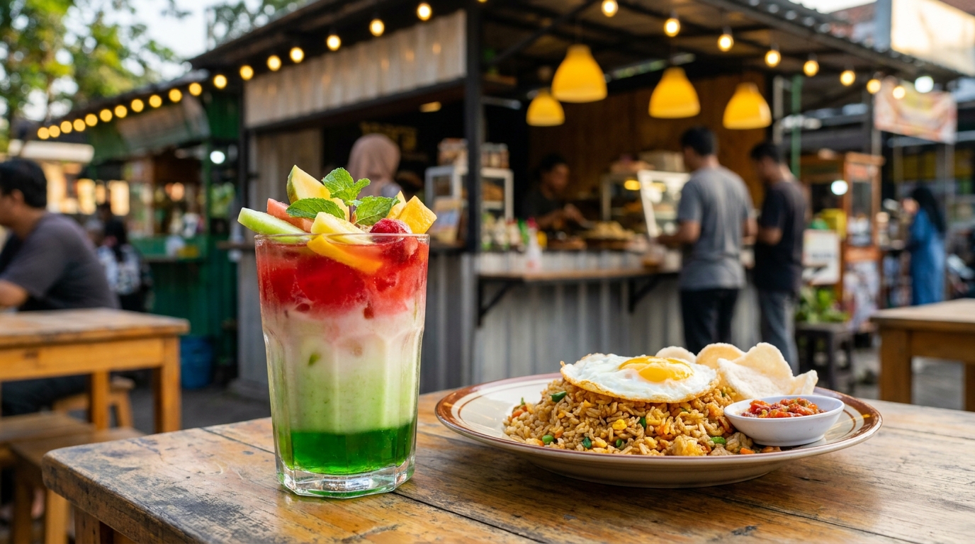 foto kuliner viral indonesia dengan topping unik dan warna cerah di meja kafe